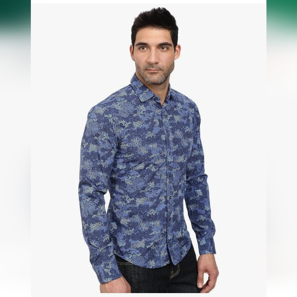 Hugo Boss Orange Label Men's Blue Camo Patterned Shirt